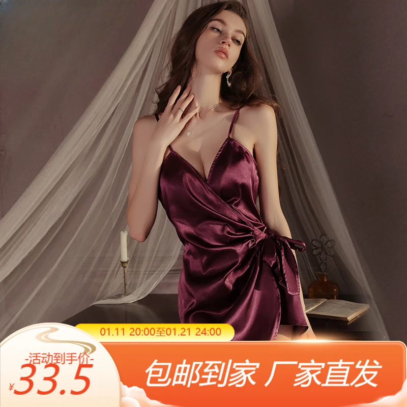 女士轻奢内衣简约顺滑缎面火辣诱惑低胸纯欲睡裙吊带性感家居套装