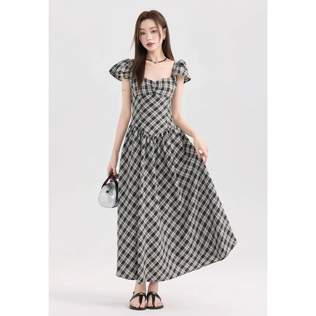 复古小飞袖格子吊带连衣裙子女装夏季法式气质收腰设计感裙长裙子