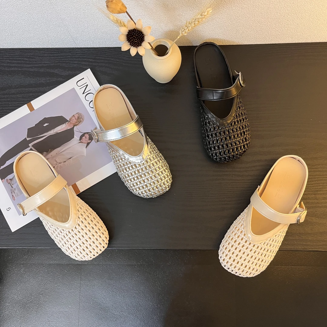 复古编织玛丽珍半拖鞋女外穿2025夏季新款镂空包头软底平底凉拖鞋