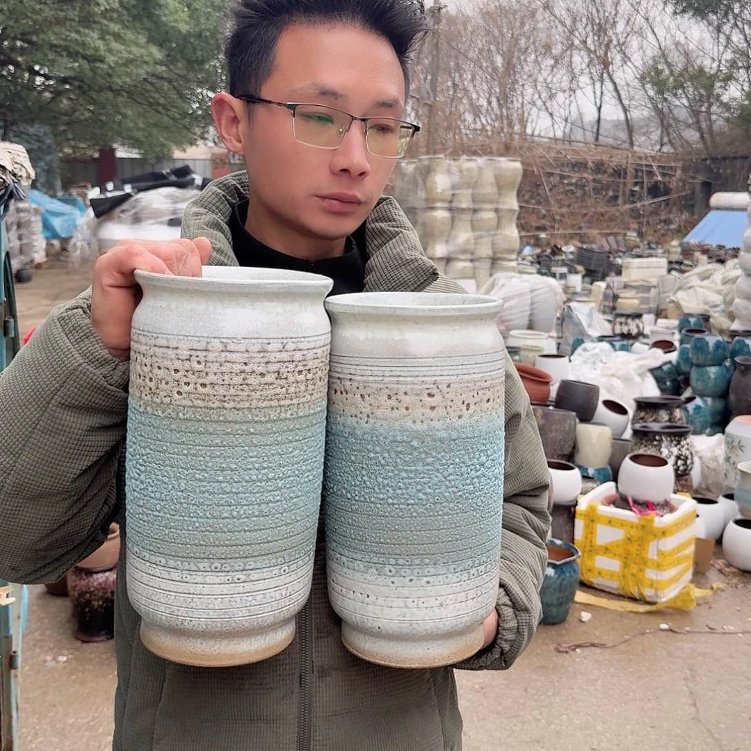 紫砂花盆口15高30（两个直筒泡泡蓝色