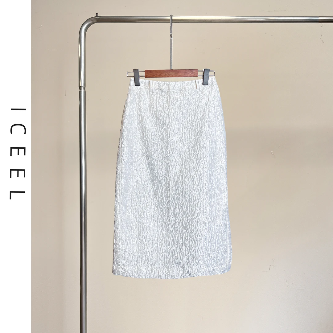 原创夏季新款轻奢醋酸半身裙女高腰修身显瘦肌理感直筒裙白色百搭