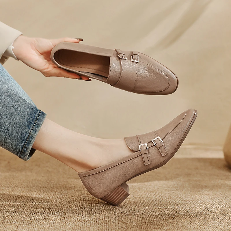 3.5cm[34-40]真皮法式小方头单鞋女春秋新款深口乐福鞋中跟小皮鞋