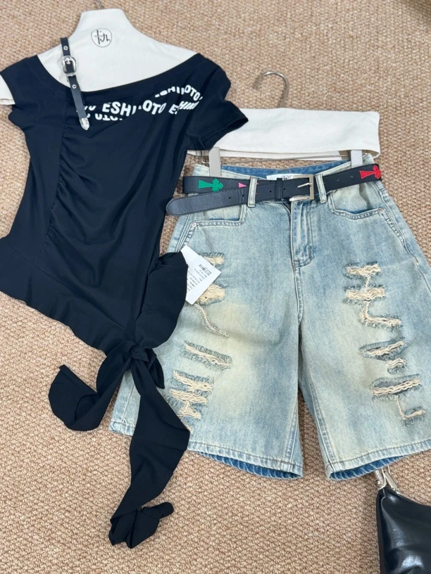 无弹破洞中裤高街时尚