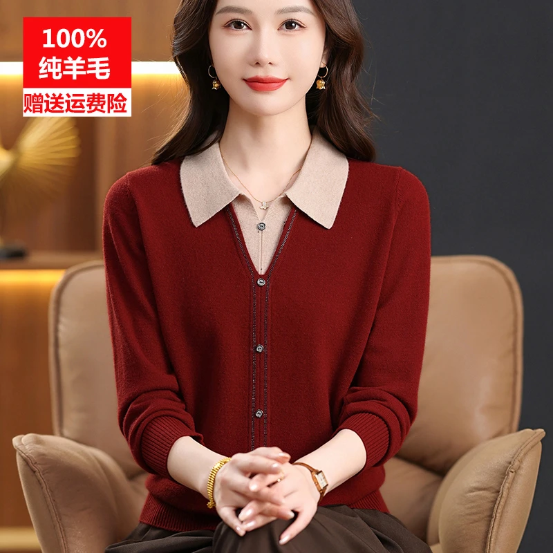 中老年秋冬上衣女新款翻领毛衣假两件上衣100%纯羊毛衫打底妈妈装