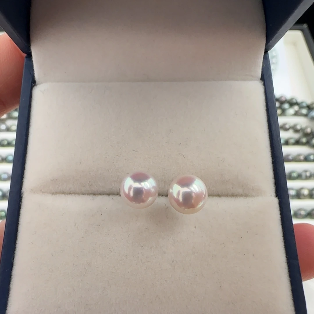 耳饰银S925镶嵌海水珍珠Akoya海水珍珠素钉6.5-7