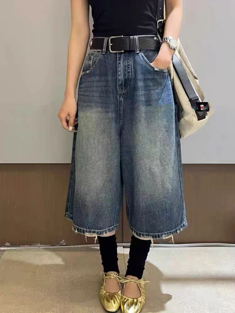 复古韩系小众宽松毛边阔腿牛仔中裤女高腰显瘦百搭直筒七分休闲裤