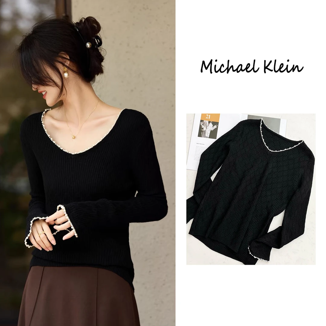 Michael Klein高奢法式珍珠V领肌理针织羊毛上衣#M740