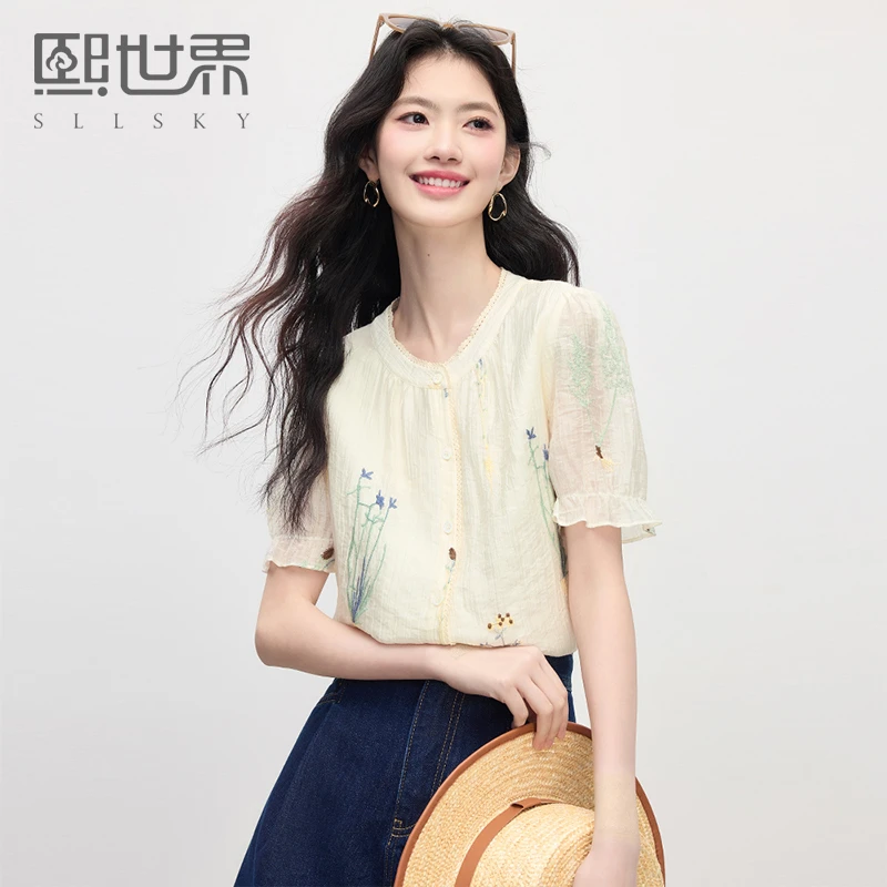 熙世界天丝印花圆领衬衫女2025夏季新款荷叶短袖气质正肩小衫上衣