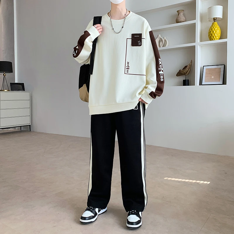 2025新款长袖t恤男春秋季青少年撞色拼接卫衣套装时尚青少年