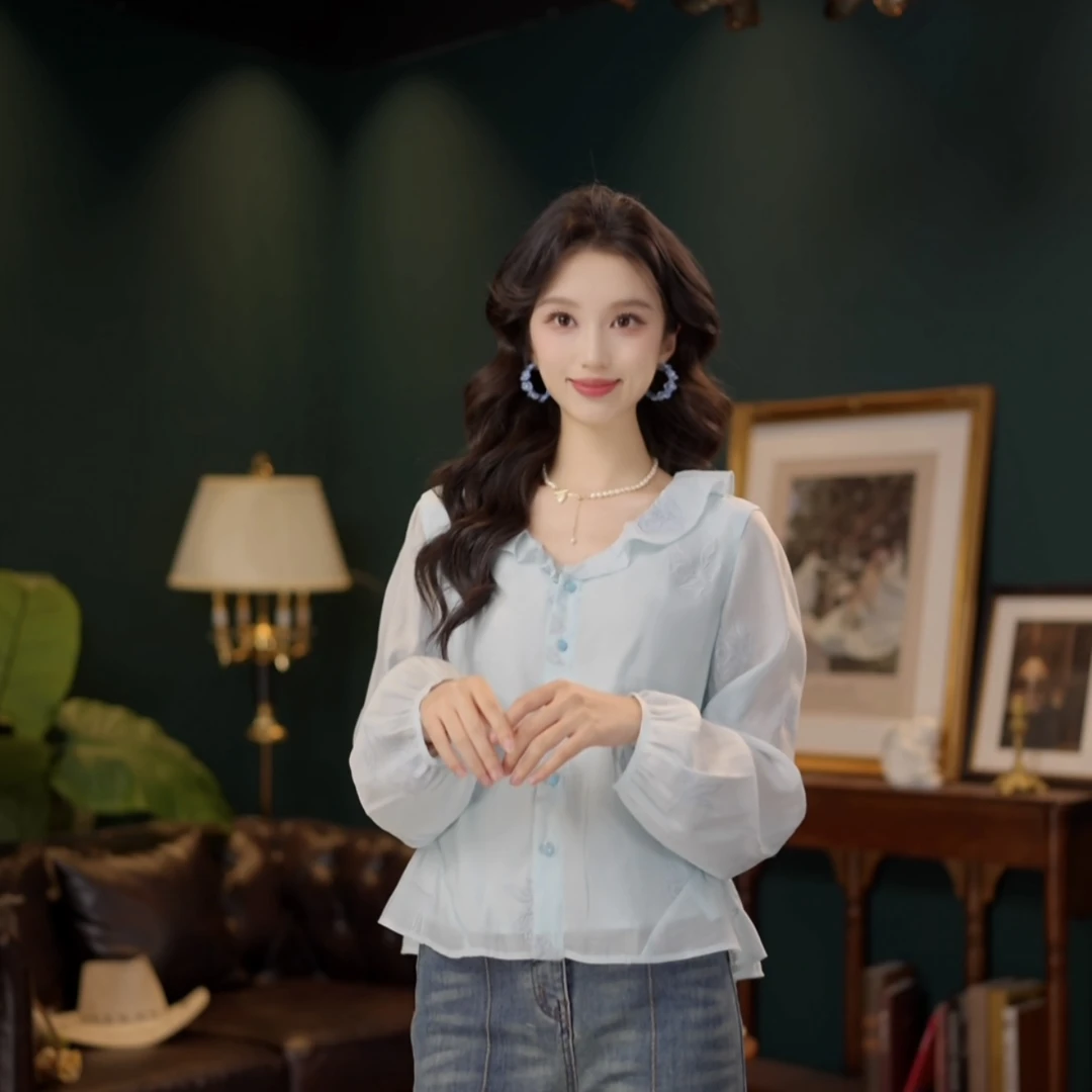琦琦【时光定格】欧若风长袖衬衫女时尚休闲宽松上衣YF1103238