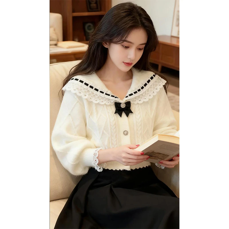 【冬日热恋】高级感气质千金风针织衫女士2025秋冬新款拼接长袖毛衣