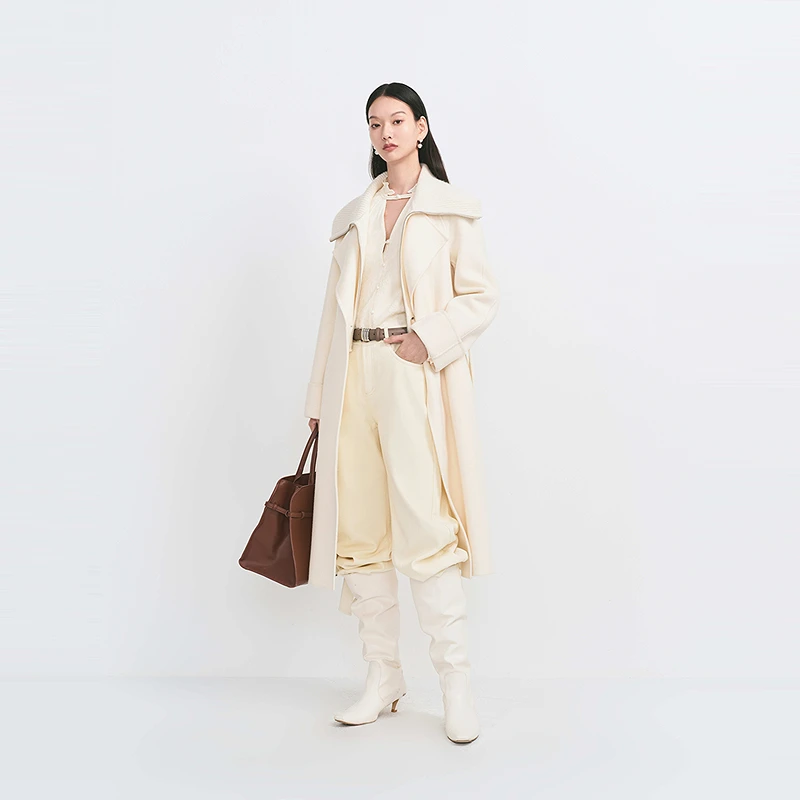 【明星同款】HPLY荷比俪冬毛织翻领拼接收腰系带大衣HZE44500263