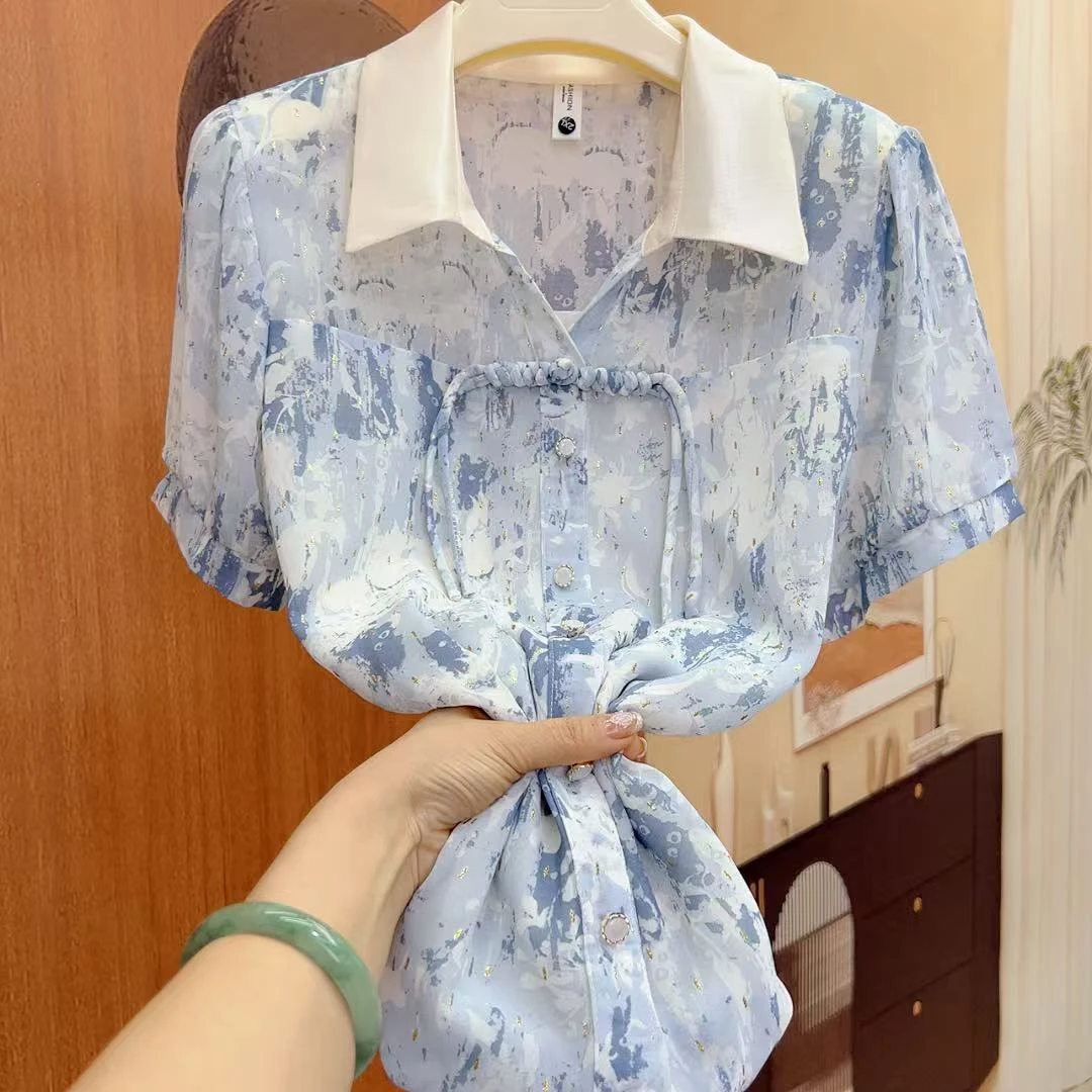 POLO领碎花清新盘扣中式大码2025新款夏季气质女款套头雪纺衫