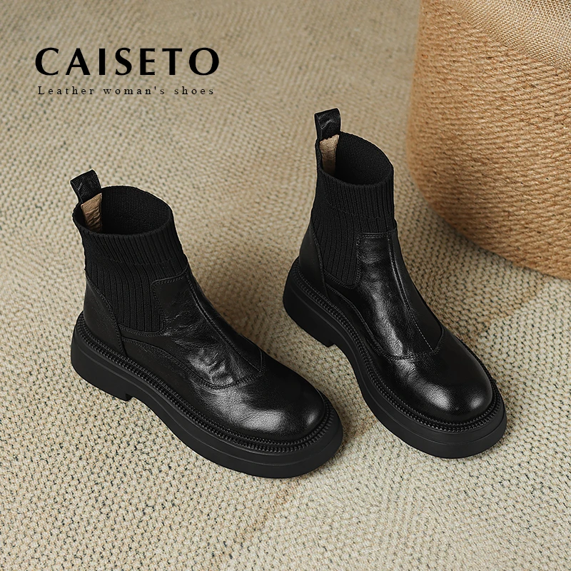 CAISETO头层羊皮/4.5cm时尚休闲百搭法式气质一脚蹬袜靴24X196