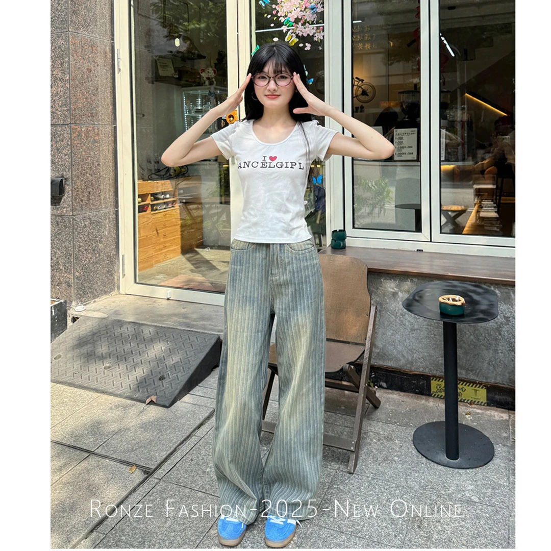 初秋美式复古水洗提花阔腿牛仔裤宽松拖地裤ins极简潮流老钱风