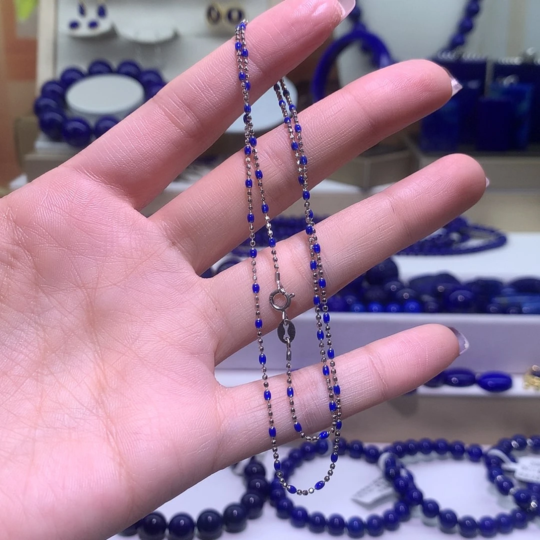 用***7青金石银S925镶嵌天然原矿项链