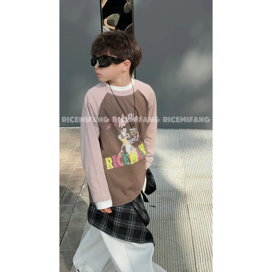 米饭童装【拼色公式】儿童春秋男童针织韩版宽松T恤 RICE MIFANG