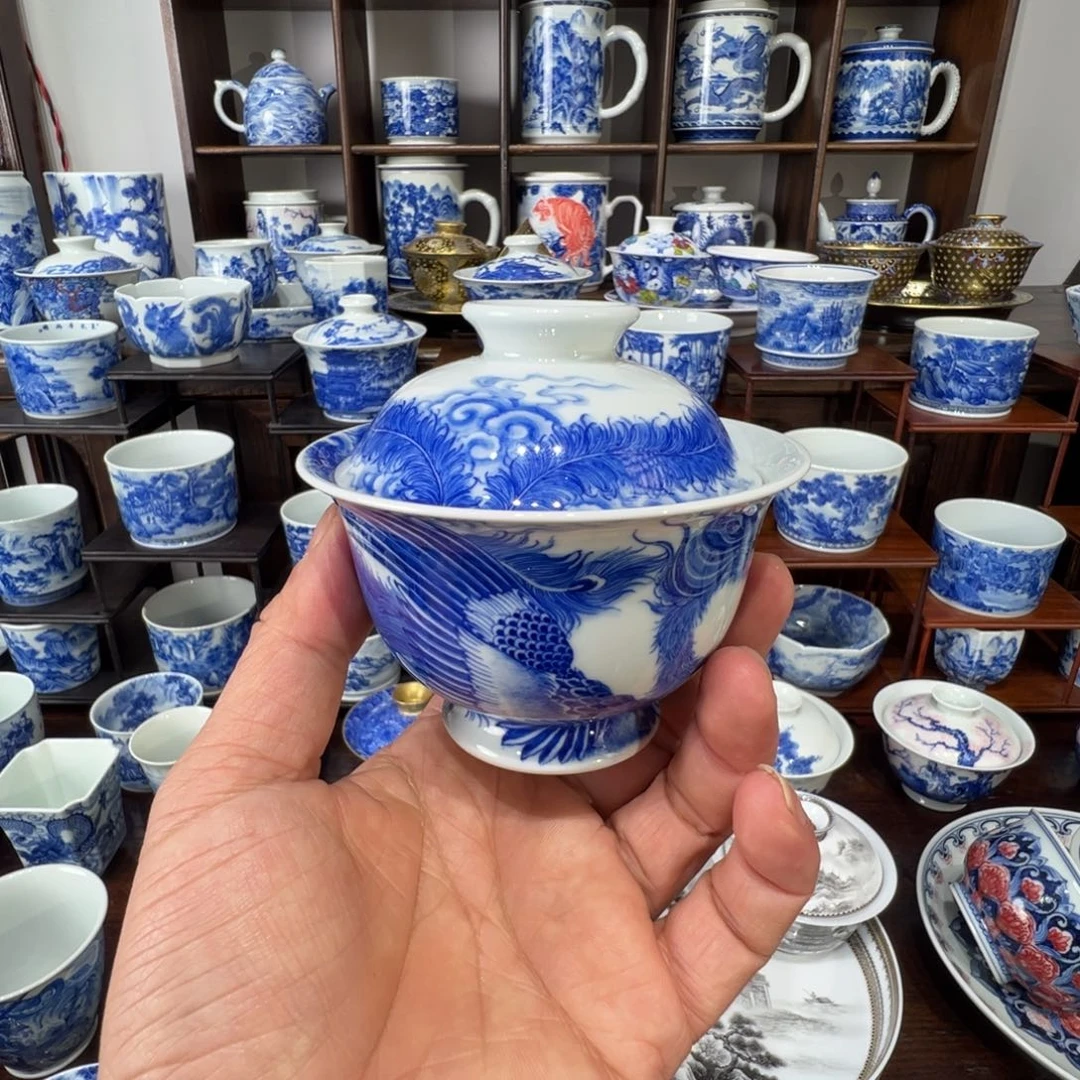 含月阁精工青花凤凰盖碗