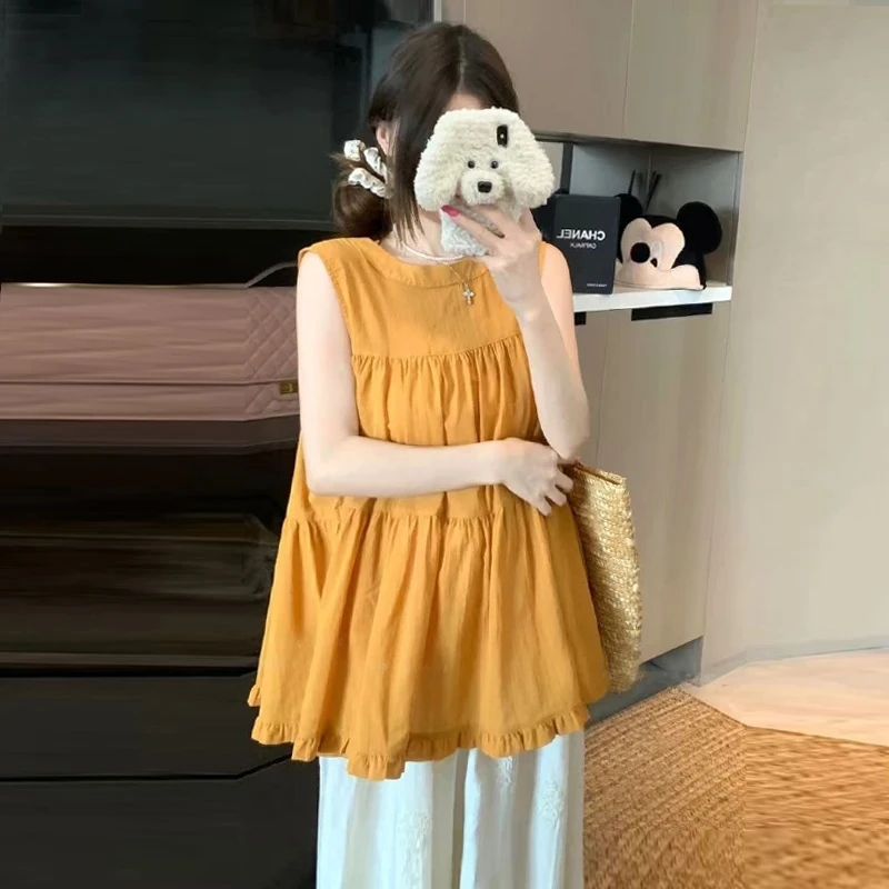 【晴晴】孕妇上衣夏季2025新款时尚宽松显瘦木耳边无袖背心娃娃衫