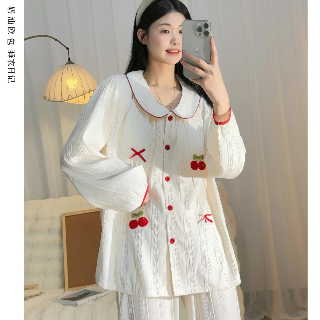 【香草奶盖】带胸垫吸汗棉纱睡衣女春夏款透气梭织透气可外穿套装