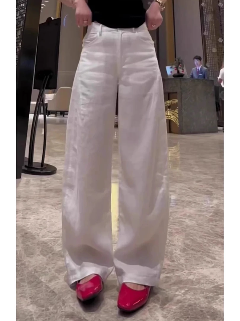 亚麻白色休闲裤女新款高腰显瘦大码胖mm小个子夏季薄款垂感阔腿裤