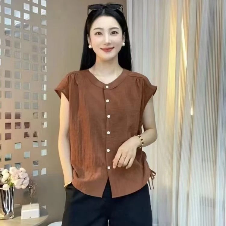 夏季2024女装新款纯色圆领小飞袖小衫G气质中年妈妈薄款短袖上衣