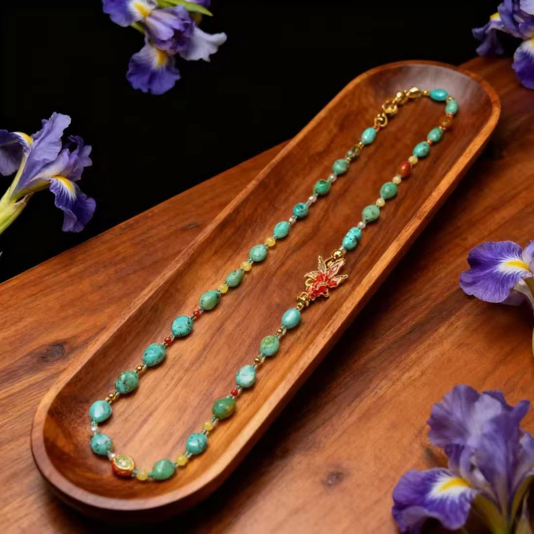 天然原矿绿松石稀有唐三彩多宝项链--春日