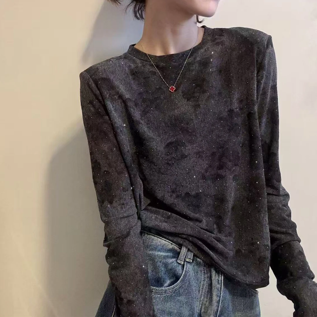 早秋新款复古晕染碎钻长袖T恤女时尚减龄洋气打底衫高级感上衣