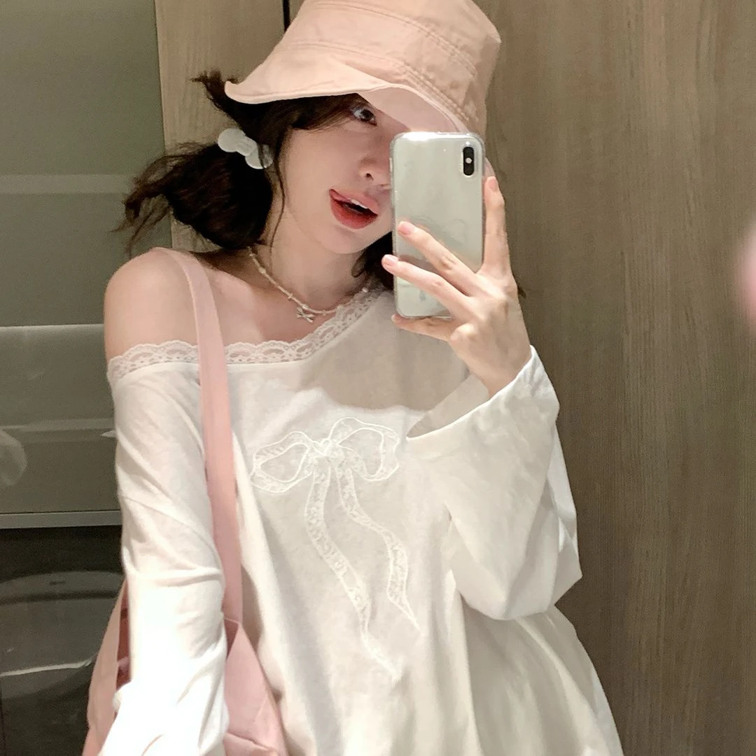 纯白恋语蝴蝶结打底露肩防晒罩衫长袖T恤女早秋新款纯欲宽松上衣