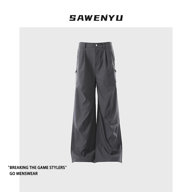 SAWENYU 潮牌设计感褶皱工装裤男女街头复古小众宽松直筒休闲裤子