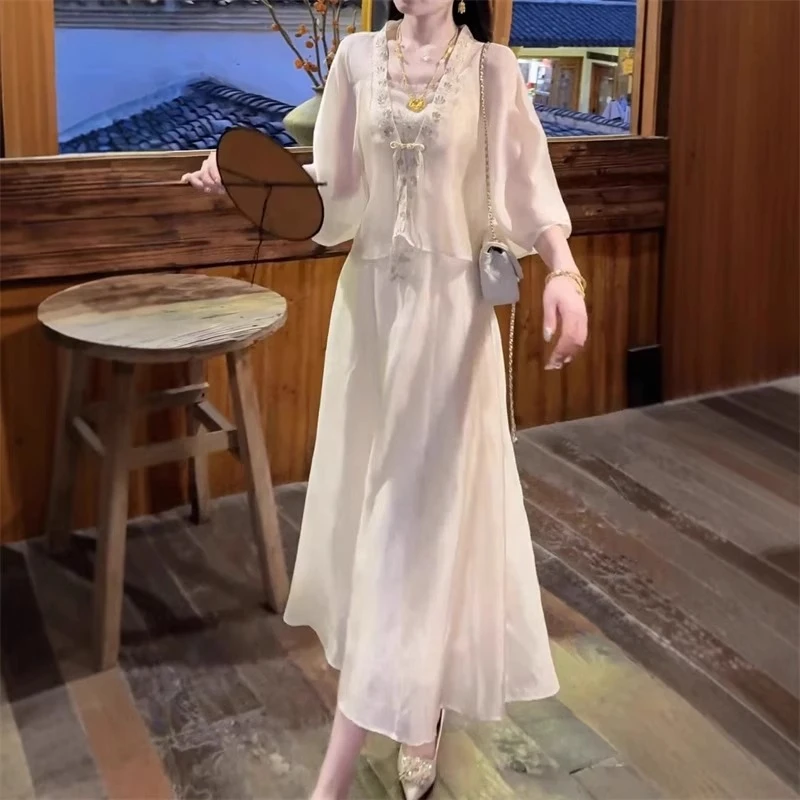 新中式国风套装裙女夏季大码胖mm开衫吊带连衣裙气质高级汉服裙子