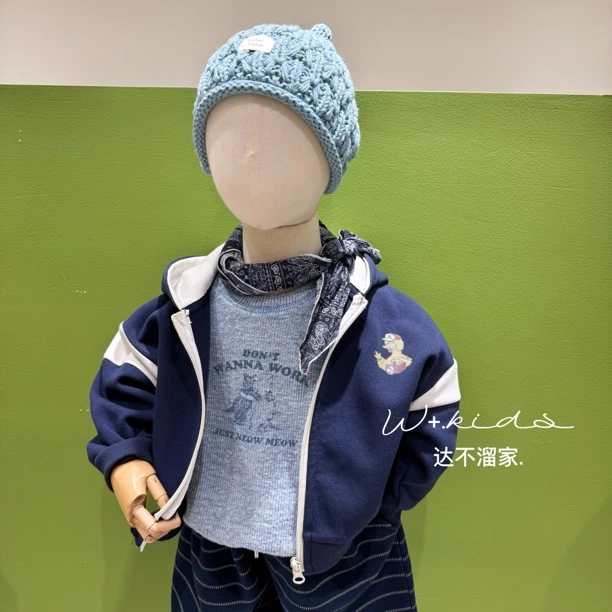 【W+韩系童装】秋款儿童韩版男女可穿 针织拼色连帽外套 25233