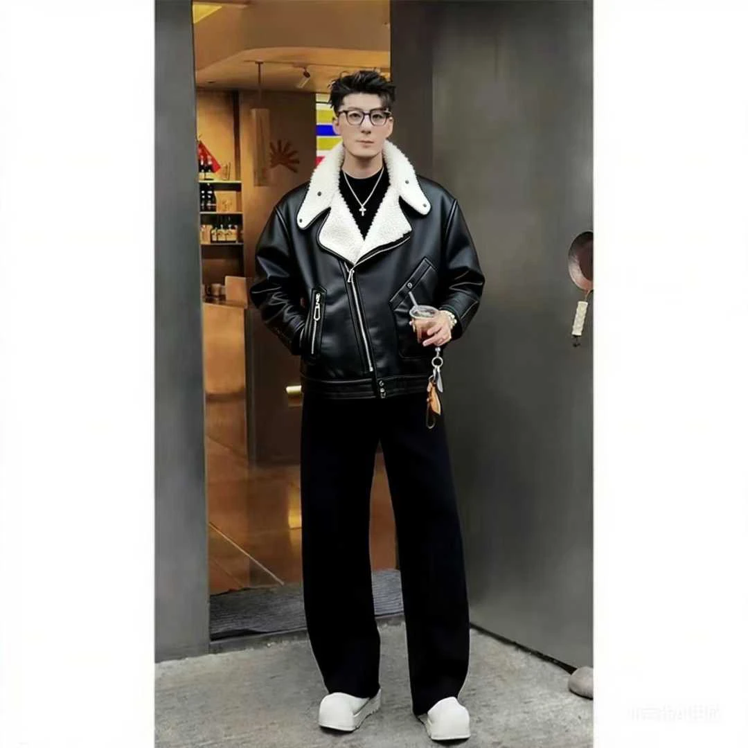 7058秋冬潮流机车风皮毛一体潮流男士百搭皮衣外套