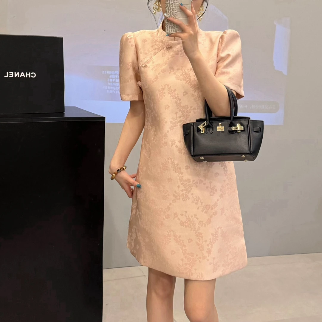 新中式国潮风立领提花斜扣气质时尚旗袍连衣裙