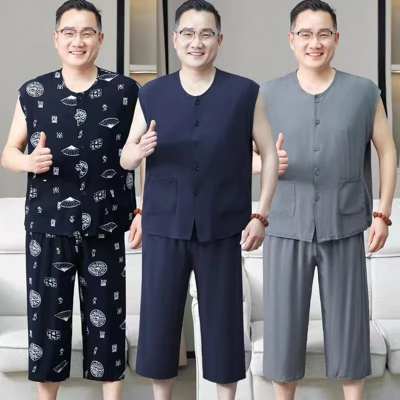 中老年棉绸男士背心套装夏季居家服无袖七分裤舒适透气