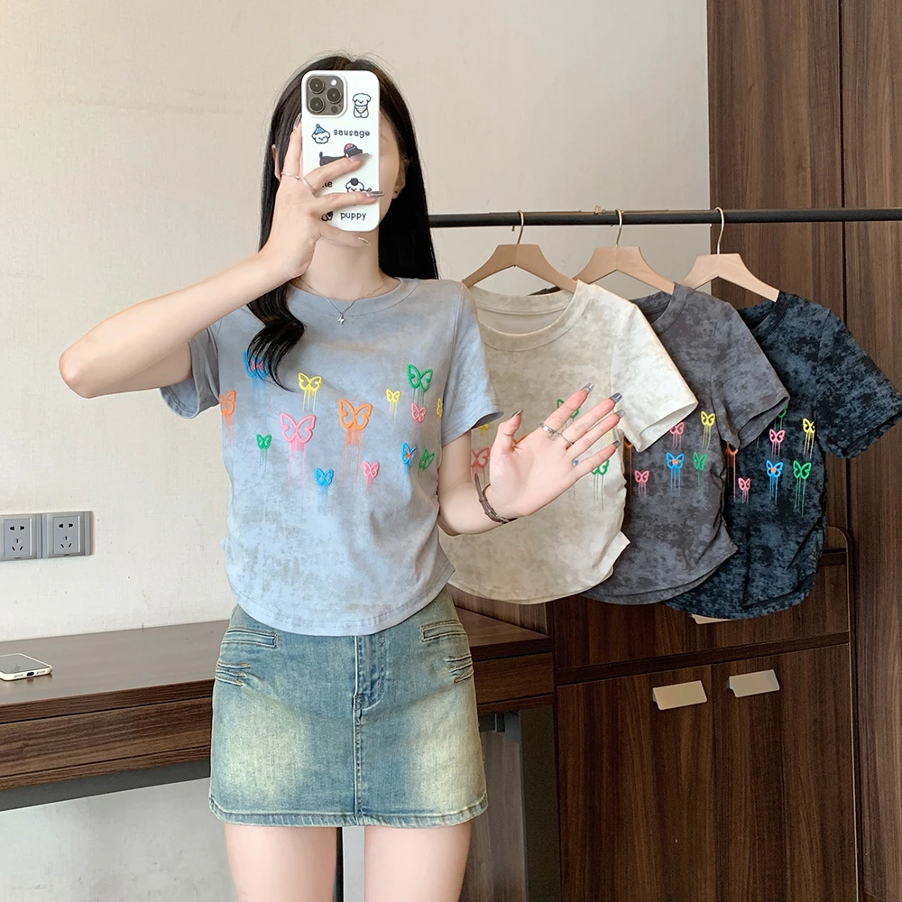 大码女装新款蝴蝶印花短袖上衣 2638