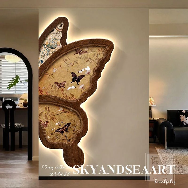 蝴蝶中古风入户玄关装饰画法式复古走廊过道挂画高级感客厅壁灯画