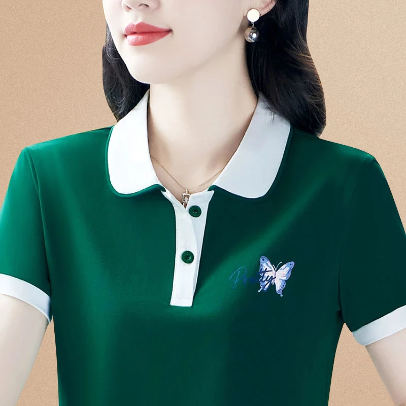 洋气时髦中年女士短袖t恤女夏季2025新款百搭翻领运动polo衫薄款