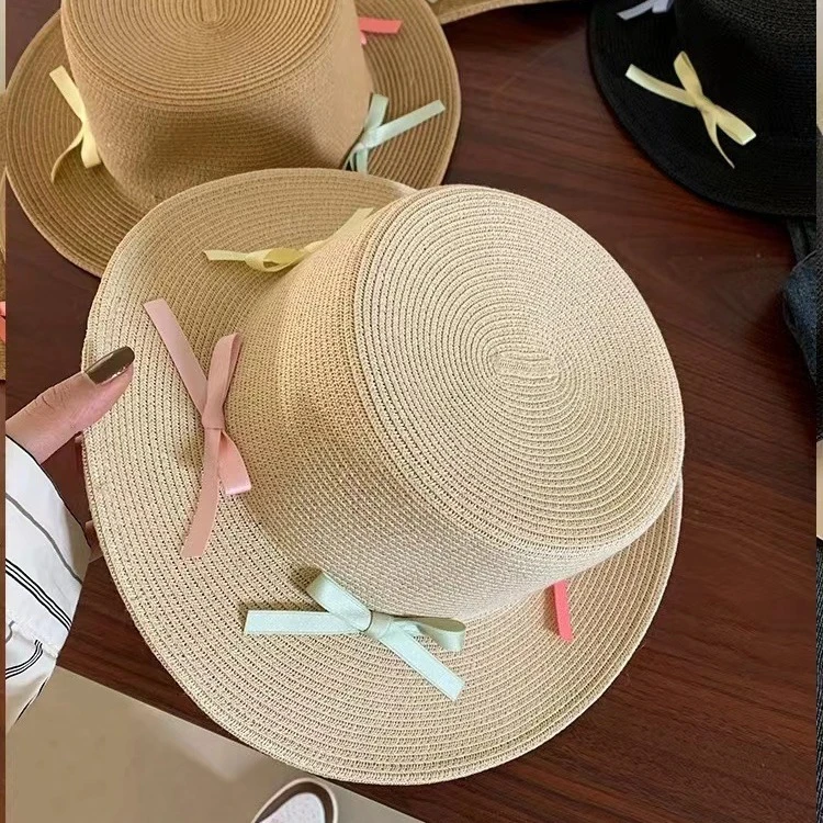 出片神器法式复古蝴蝶结平顶草帽女夏天新款赫本风海边遮阳防晒帽