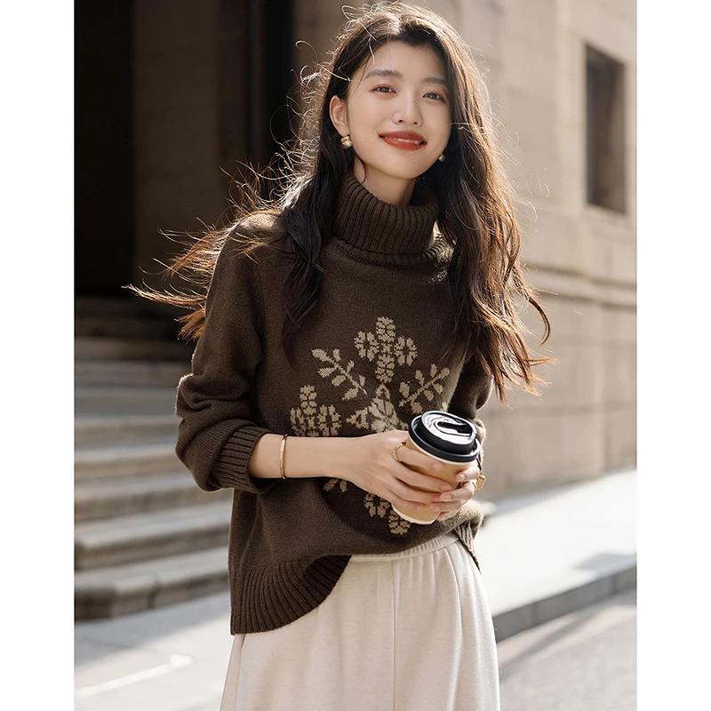 dme德·玛纳雪花密信冬气质翻领撞色提花线衫宽松落肩针织衫