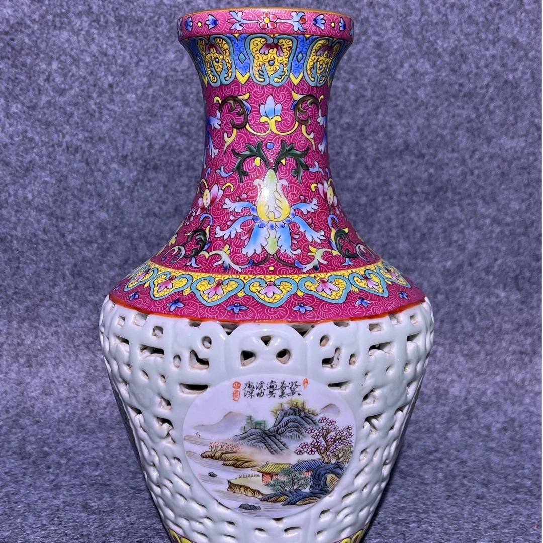 乾隆珐琅彩开窗镂空瓶手绘纯手工