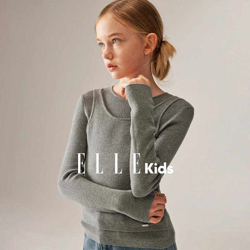ELLE KIDS 童装假两件打底圆领毛衫内搭单穿秋季修身纯色简约Q3
