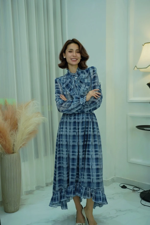 甜美淑女荷叶边收腰百褶印花连衣裙设计感中长款