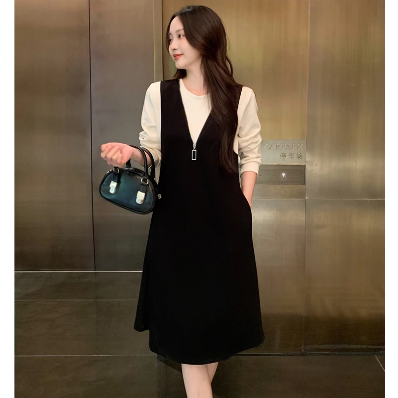 拉链设计感假两件撞色拼接圆领中长款休闲裙气质显瘦连衣裙8848