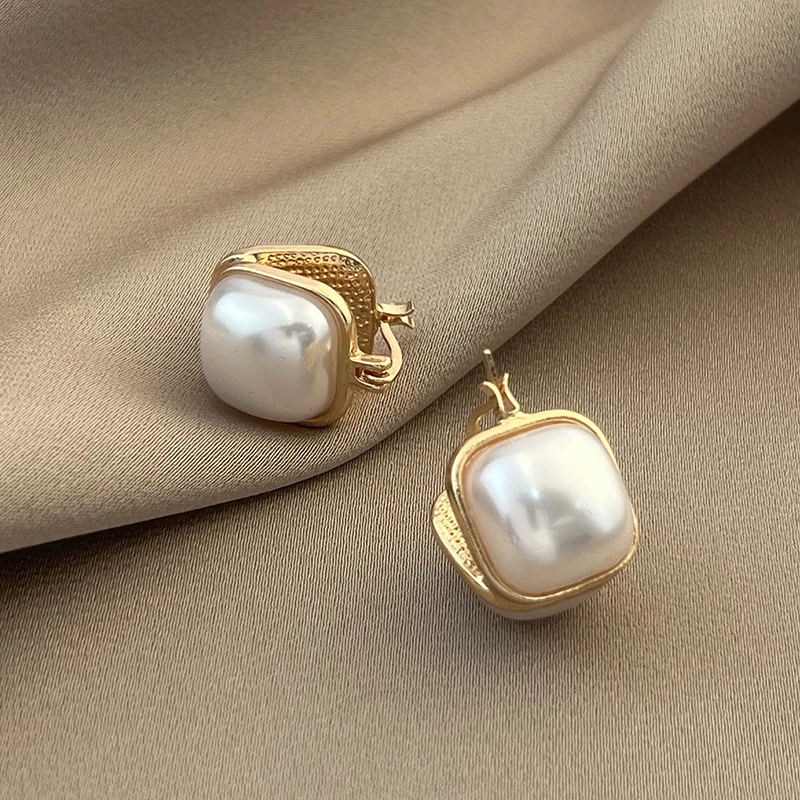 铜合金耳饰 法式方形双面珠珠耳扣轻奢高级感耳环N1345