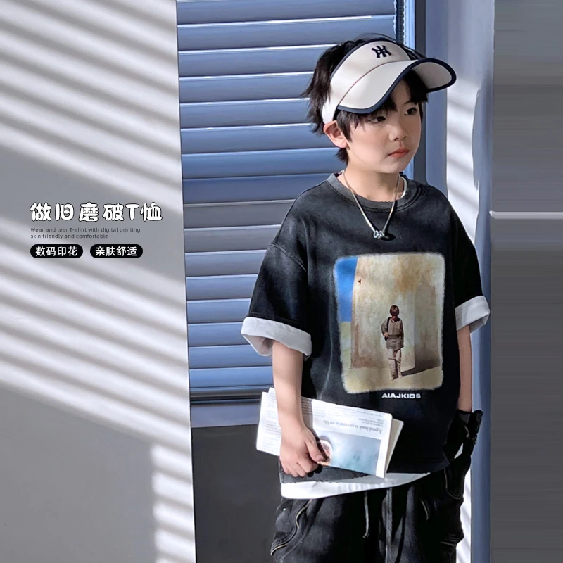 潮牌童装宽松夏季男童短袖T恤儿童休闲上衣t恤半袖5049740O4