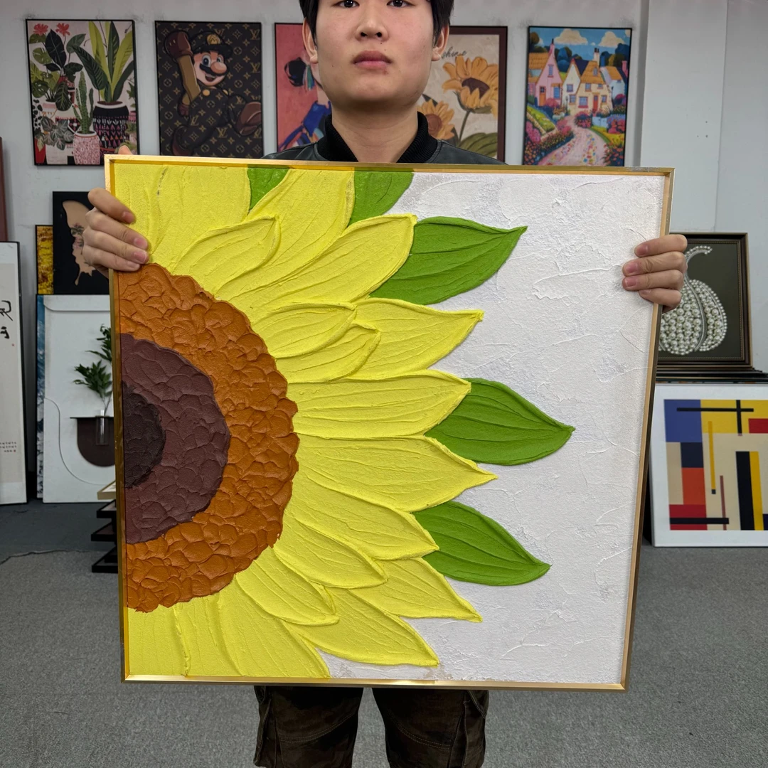手绘肌理画向日葵立体油画正方形花朵装饰画客厅卧室背景墙画660