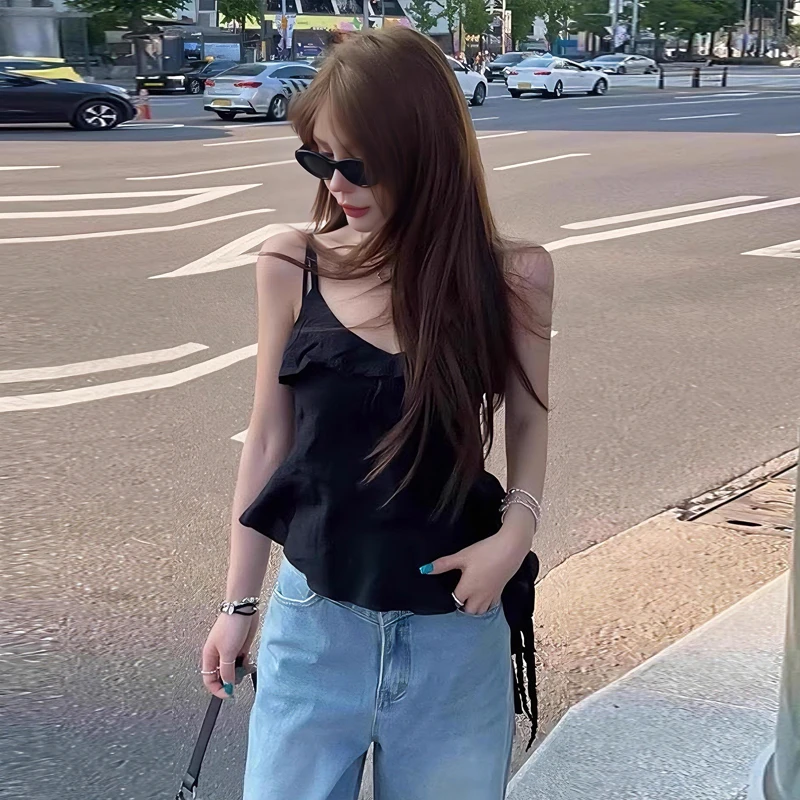 不规则飘带黑色吊带背心女夏外穿设计感小众辣妹穿搭显瘦无袖上衣