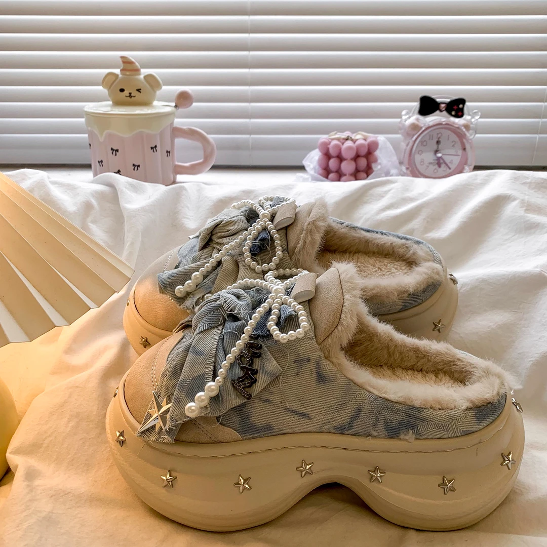 毛绒蝴蝶结包头半拖鞋女外穿2025秋冬新款加绒棉拖鞋防滑毛毛拖鞋