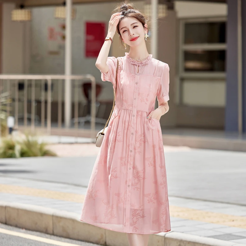 新中式国风连衣裙小众女装新款夏季小个子气质收腰显瘦高端长裙子